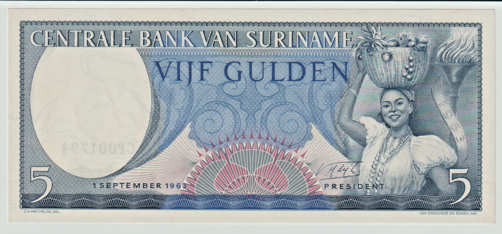 Suriname 5 Gulden uncirculated banknote 1963