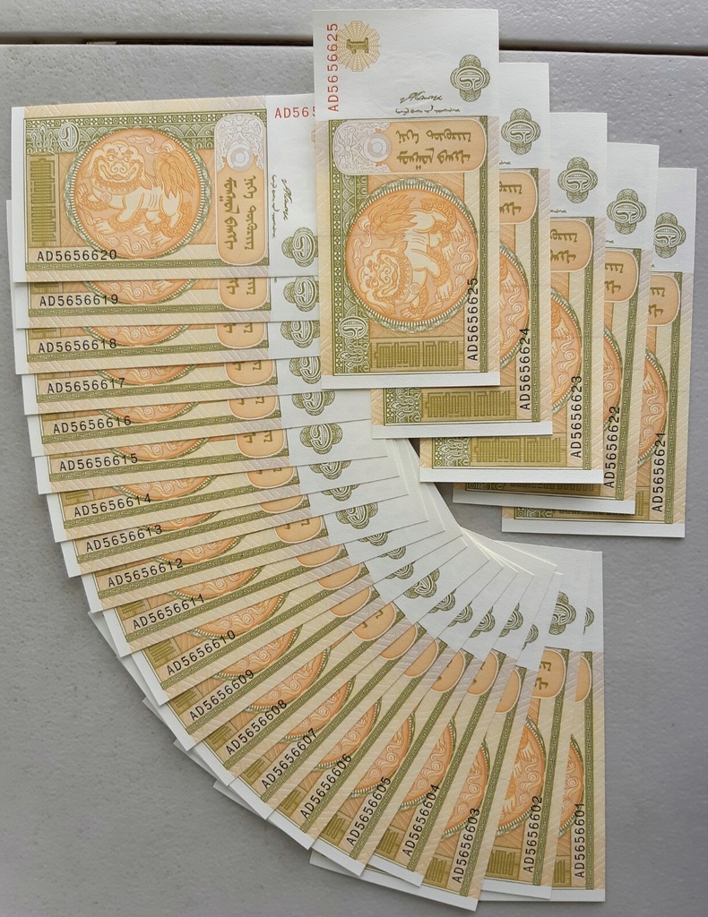 Mongolia 1 Tugrik 2008 P-61A uncirculated note from bank bundle 25 pcs