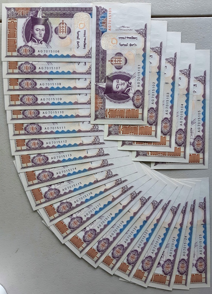 Mongolia 100 Tugrik 2008 P-65 uncirculated note from bank bundle 25 pcs
