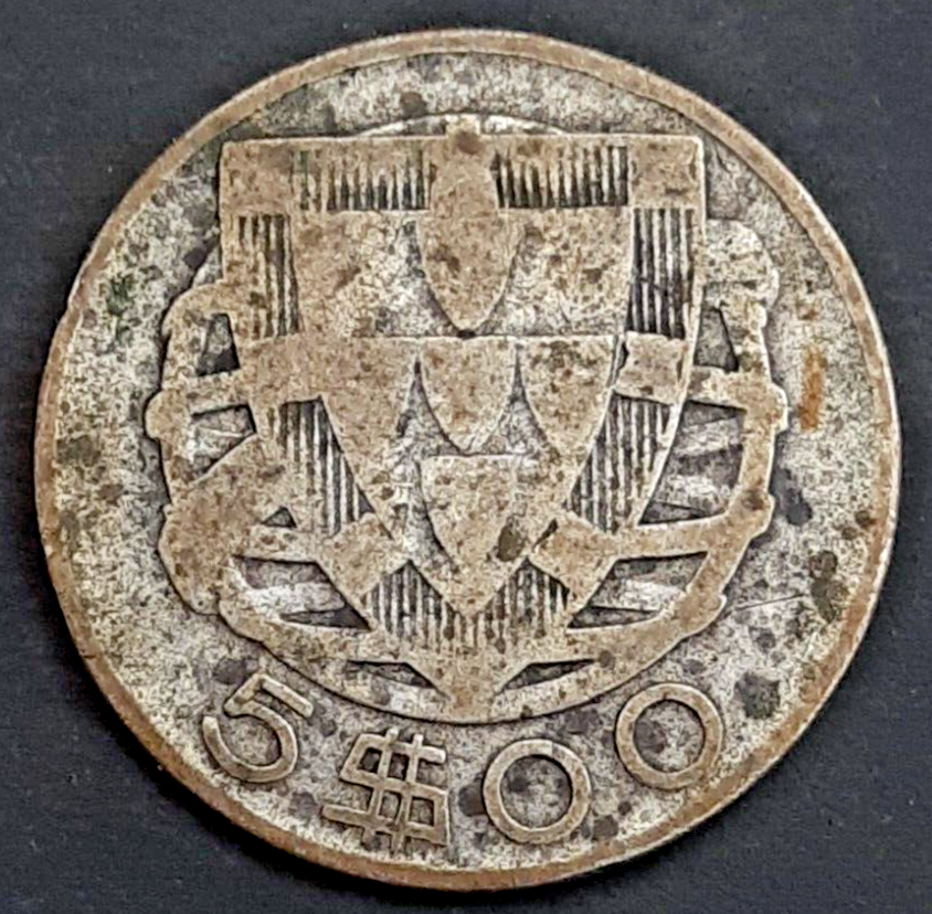 Portugal 5 Escudos 1943 .650 silver coin circulated condition