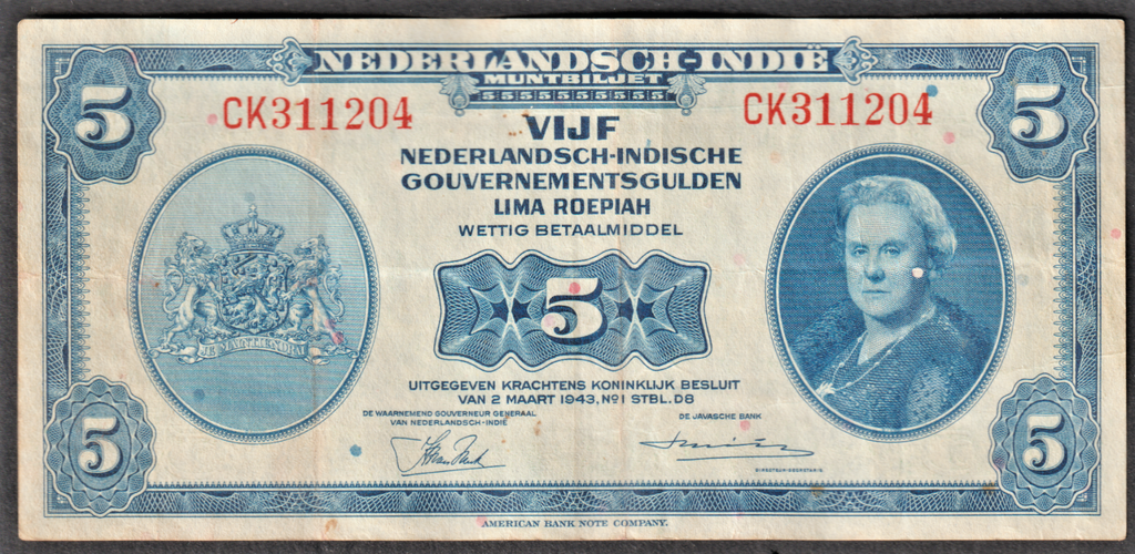 Nederlandsch-Indische 5 gulden 1943 Wilhelmina banknote nice circulated cond