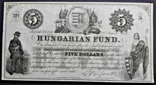 [196817008283] Hungarian Fund 5 Dollars note 2 February 1852 New York very nice condition