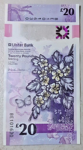 [196647182290] Northern Ireland Ulster Bank 2021 20 pounds polymer note excellent used cond