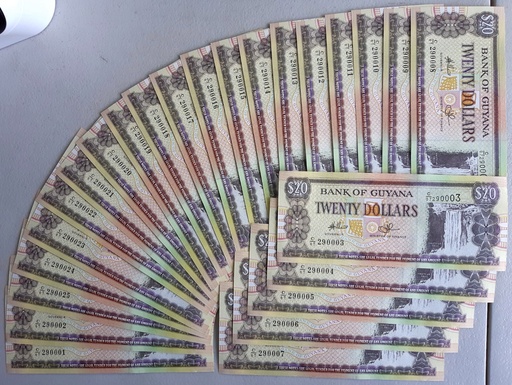 [195492992324] Guayana 20 Dollars ND(1996-2018) P-30 uncirculated from bank bundle 25 pcs