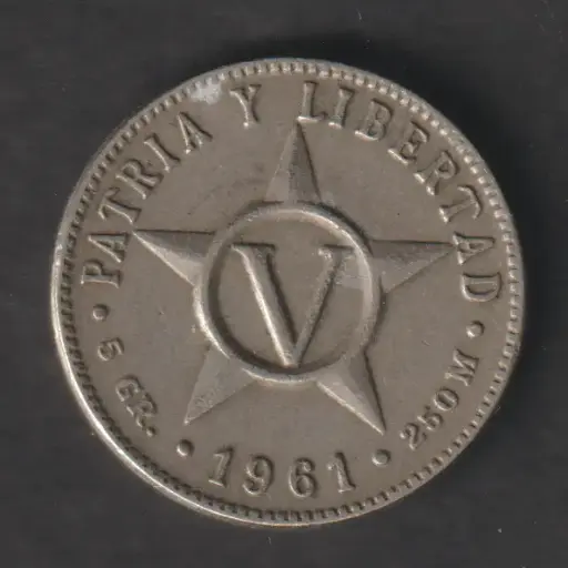 Cuba 5 pesos 1961 coin lightly circulated condition