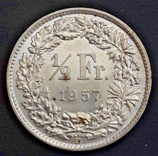 [196542639277] Switzerland 1/2 Franc 1957 .835 silver coin lightly circulated condition