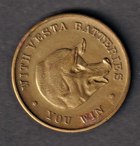 [197182492550] Vesta Batteries win/lose flipper advertising token approx. 1960's
